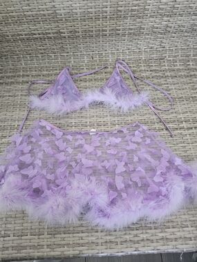 Sheer Lavender Butterfly Marabou Lingerie Set